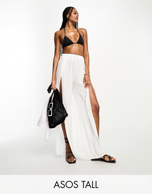 ASOS DESIGN Tall wide leg beach pants with high splits in cream