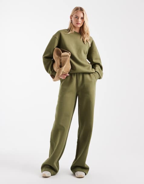 ASOS DESIGN Tall wide leg brushback sweatpants in khaki green - view 1