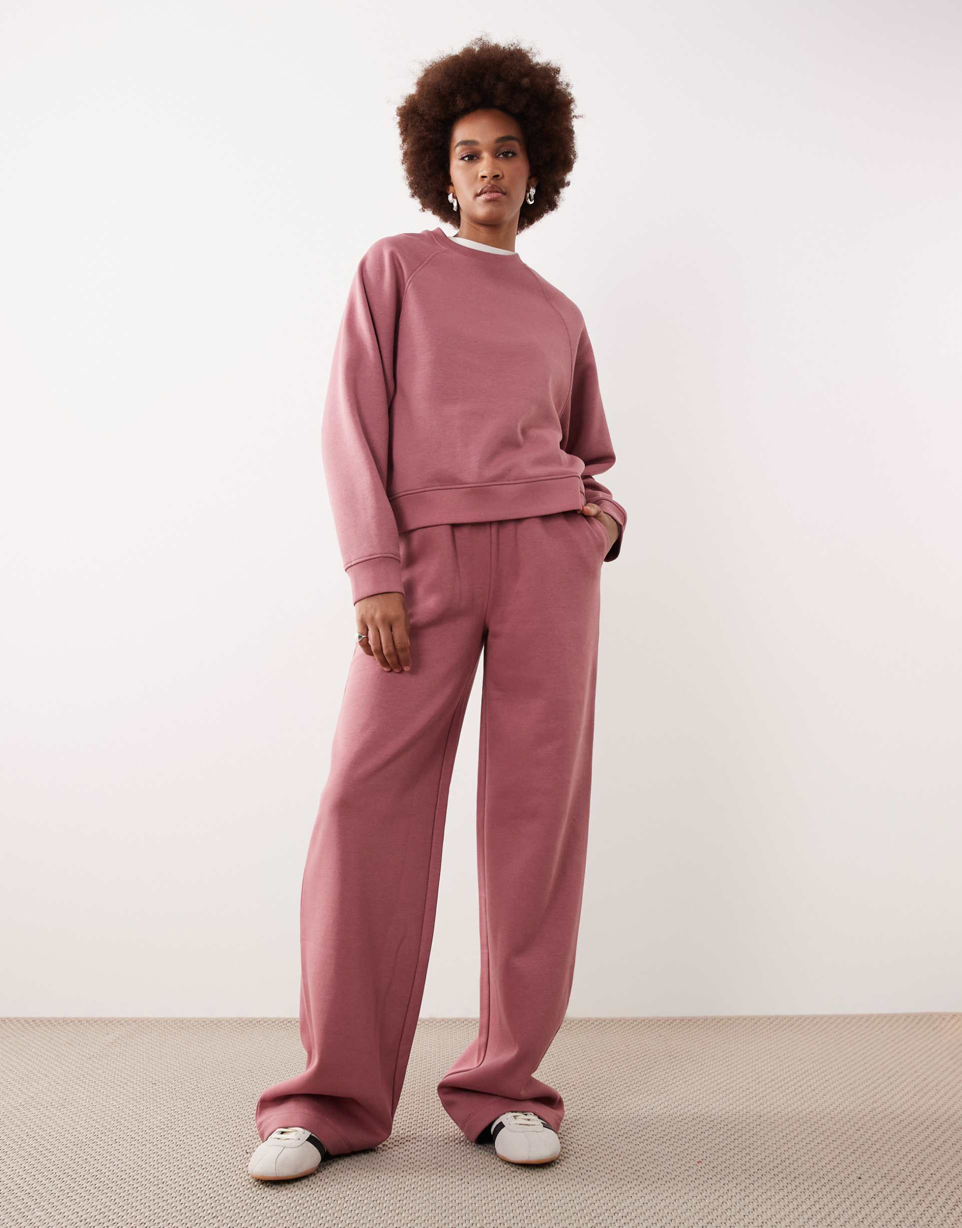 asos design tall wide leg brushback sweatpants in rose pink