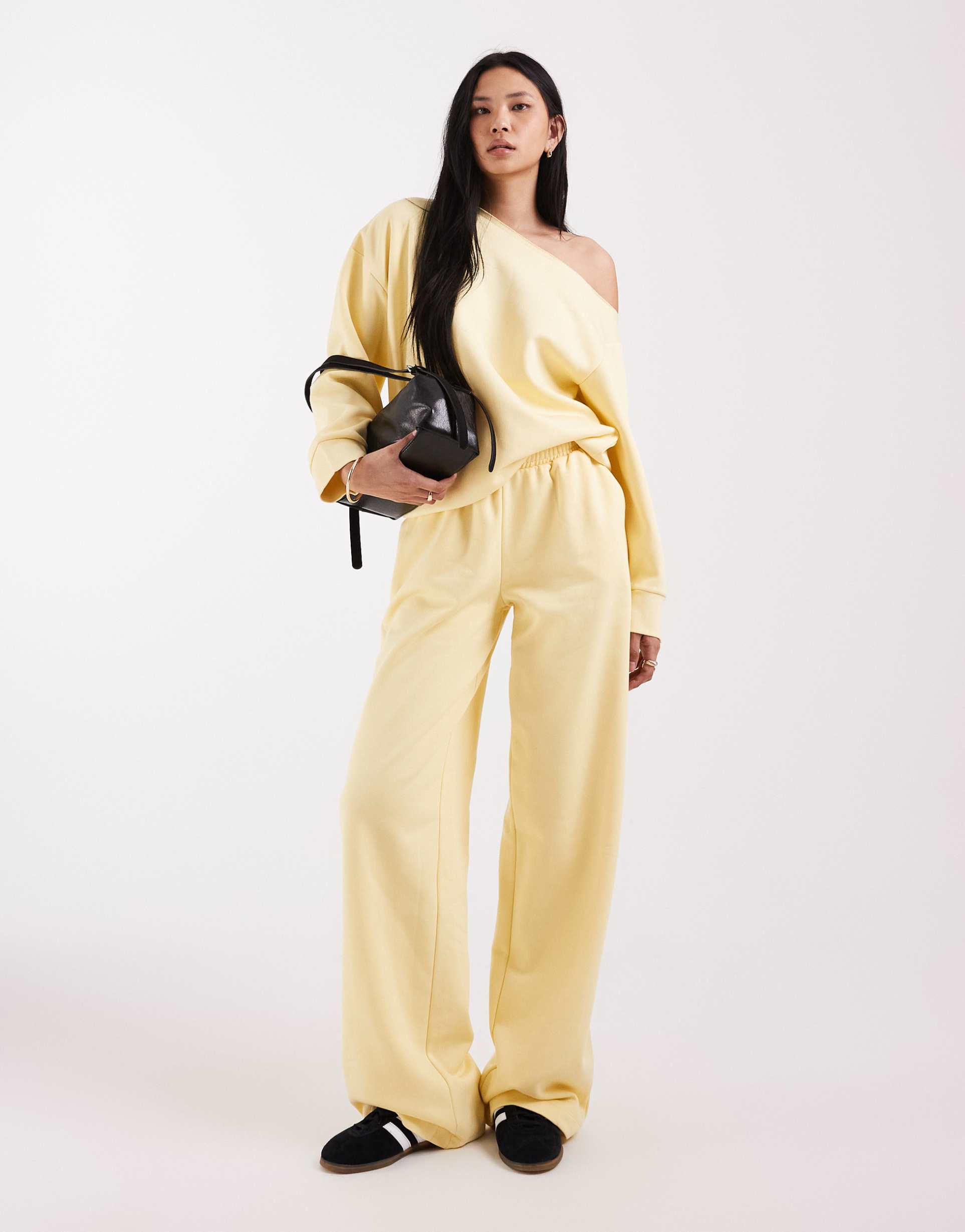 asos design tall wide leg brushback sweatpants in yellow