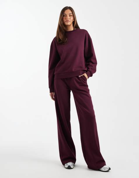 ASOS DESIGN Tall wide leg brushback trackies in plum - view 1