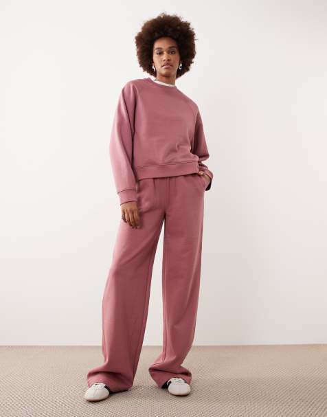 ASOS DESIGN Tall wide leg brushback trackies in rose pink - view 1