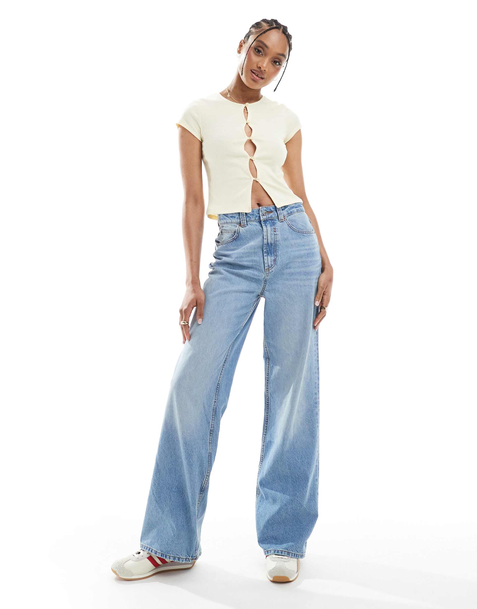 asos design tall wide leg dad jeans in mid blue