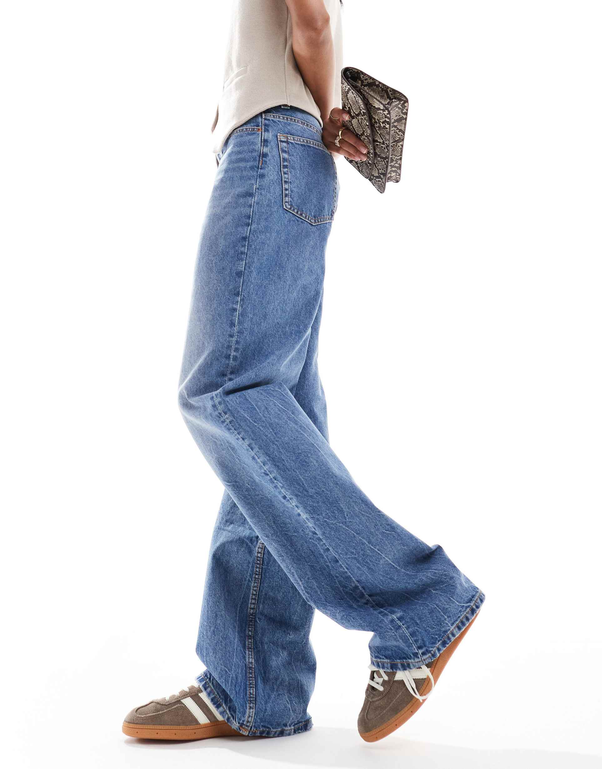 asos design tall wide leg dad jeans in mid blue