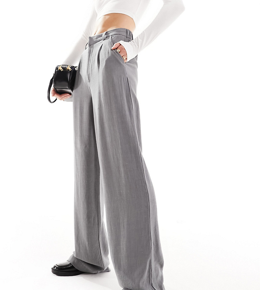 Asos Design Tall Wide Leg Dad Pants With Linen In Gray
