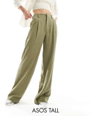 Shop Asos Design Tall Wide Leg Dad Pants With Linen In Olive-green