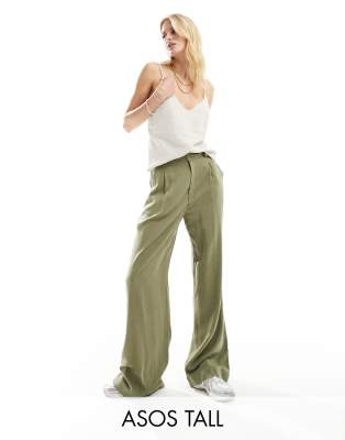 Asos Tall Asos Design Tall Wide Leg Dad Pants With Linen In Olive-green