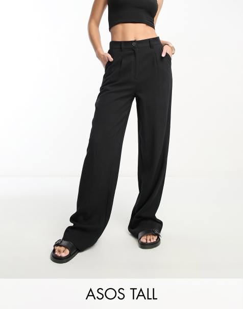 ASOS DESIGN Tall wide leg dad trousers with linen in black 