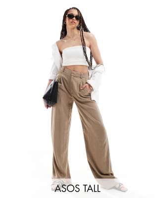 ASOS DESIGN Tall wide leg dad trousers with linen in stone stripe-Multi