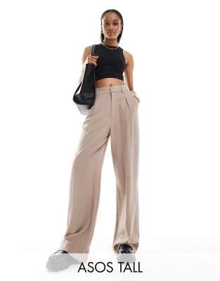 ASOS DESIGN Tall wide leg dad trousers with linen in taupe-Brown