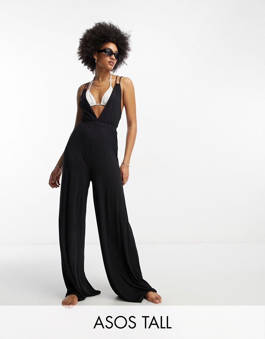 ASOS DESIGN Tall wide leg double strap beach jumpsuit in black