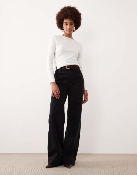 ASOS DESIGN Tall wide leg jean with crease front and belt in black