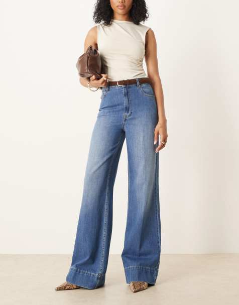 ASOS DESIGN Tall wide leg jean with crease front and belt in dark mid wash - view 1