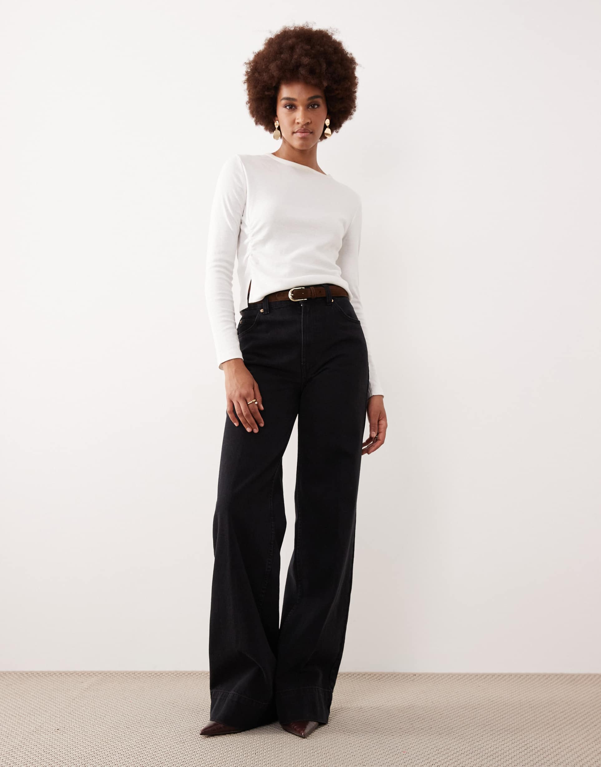 asos design tall wide leg jeans with crease front and belt in black