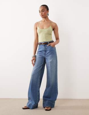 Asos Tall Asos Design Tall Wide Leg Jeans With Crease Front And Belt In Blue