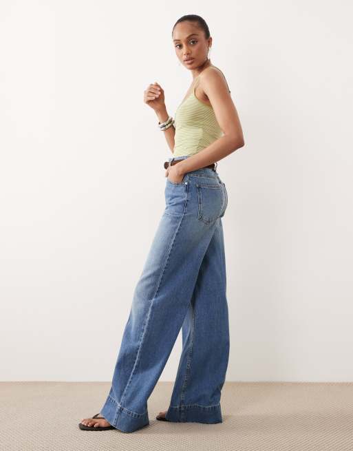 ASOS DESIGN Tall wide leg jeans with crease front and belt in light wash, 3 of 5