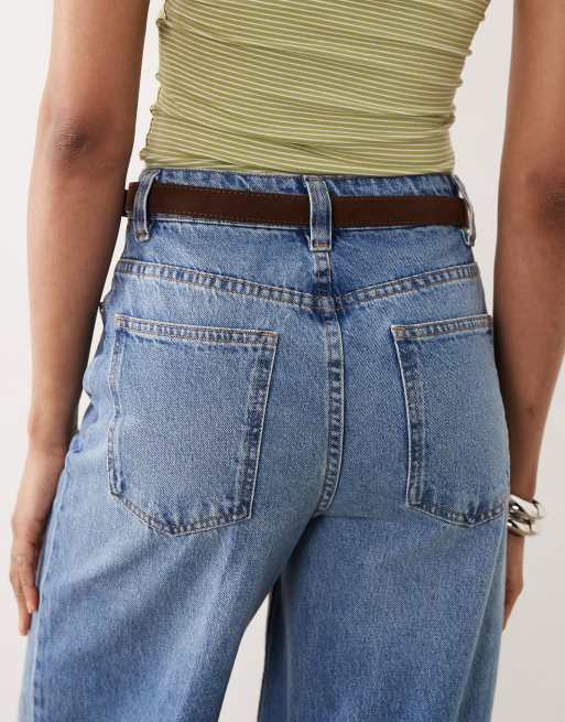 ASOS DESIGN Tall wide leg jeans with crease front and belt in light wash, 4 of 5