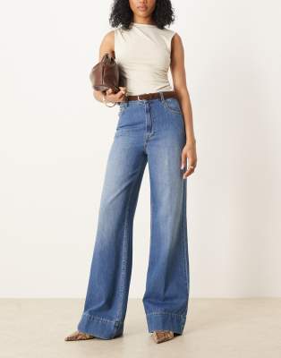 ASOS DESIGN Tall wide leg jeans with creased front and belt in dark mid wash-Blue