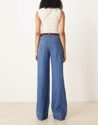 Asos Tall Asos Design Tall Wide Leg Jeans With Creased Front And Belt In Blue