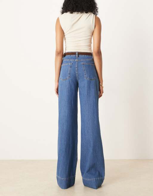 ASOS DESIGN Tall wide leg jeans with creased front and belt in dark mid wash