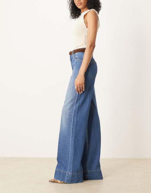 ASOS DESIGN Tall wide leg jeans with creased front and belt in dark mid wash