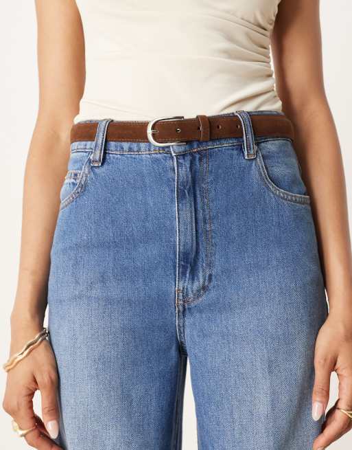 ASOS DESIGN Tall wide leg jeans with creased front and belt in dark mid wash