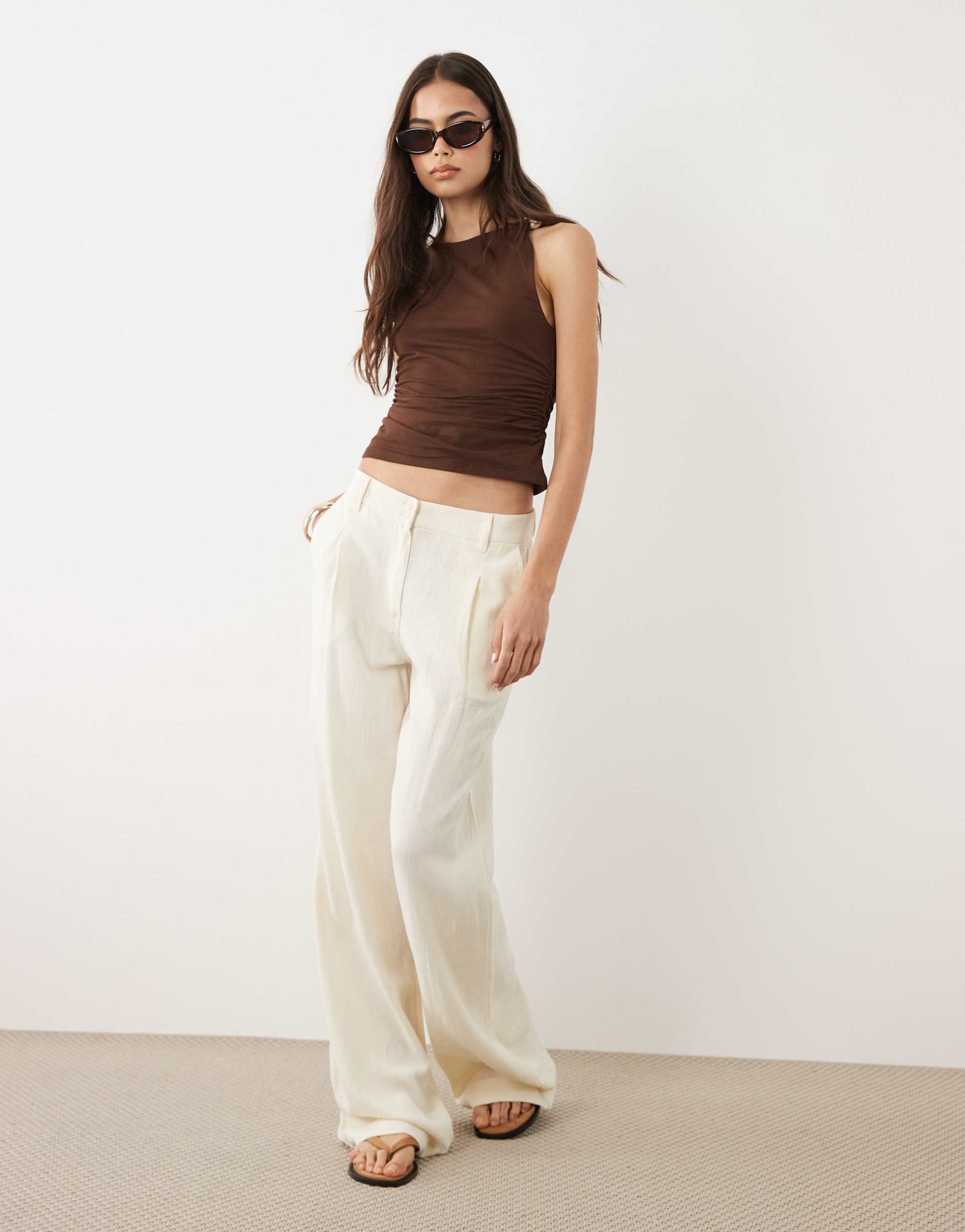 asos design tall wide leg linen blend pants with pleated detailing in cream