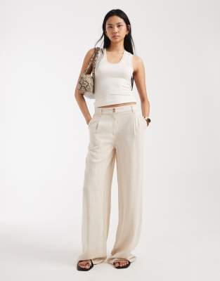 ASOS DESIGN Tall wide leg linen blend pants with pleated detailing in natural-Neutral