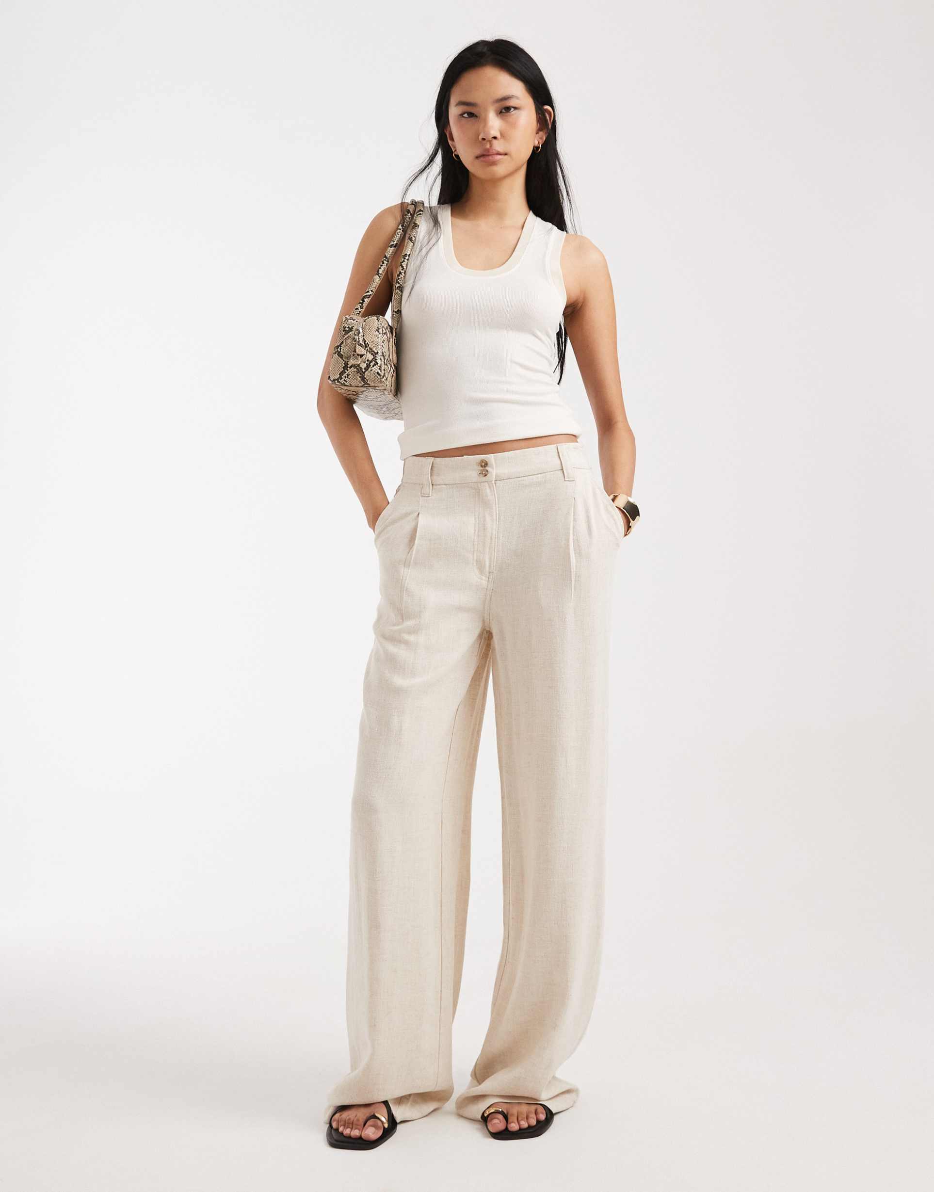 asos design tall wide leg linen blend pants with pleated detailing in natural