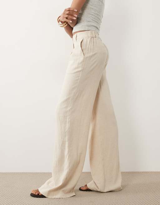 ASOS DESIGN Tall wide leg linen blend pants with pleated detailing in natural, 2 of 5