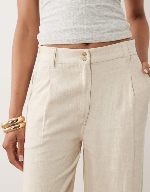 ASOS DESIGN Tall wide leg linen blend pants with pleated detailing in natural, 3 of 5