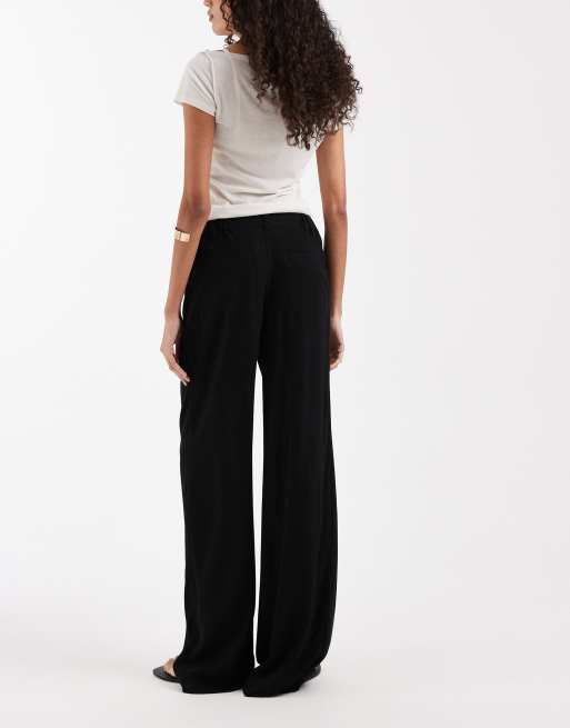 ASOS DESIGN Tall wide leg linen look pants with pleated detailing in black