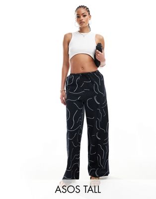 Asos Tall Asos Design Tall Wide Leg Linen Mix Pants In Black And White Print-multi