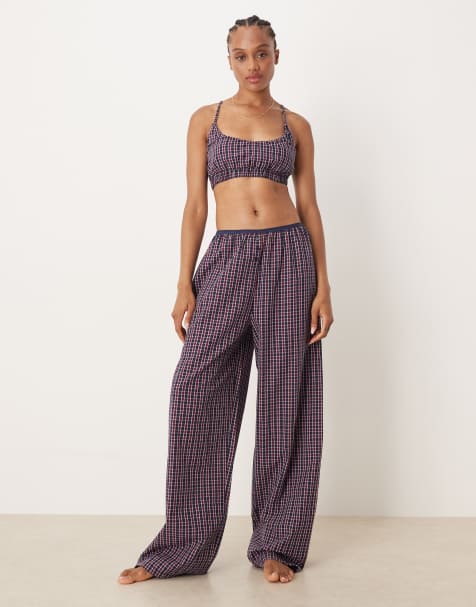 ASOS DESIGN Tall wide leg pajama pants with elastic waistband in red & blue plaid print - view 1