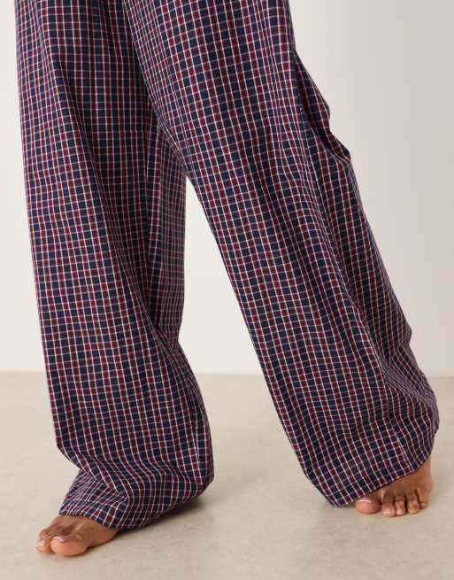 ASOS DESIGN Tall wide leg pajama pants with elastic waistband in red & blue plaid print