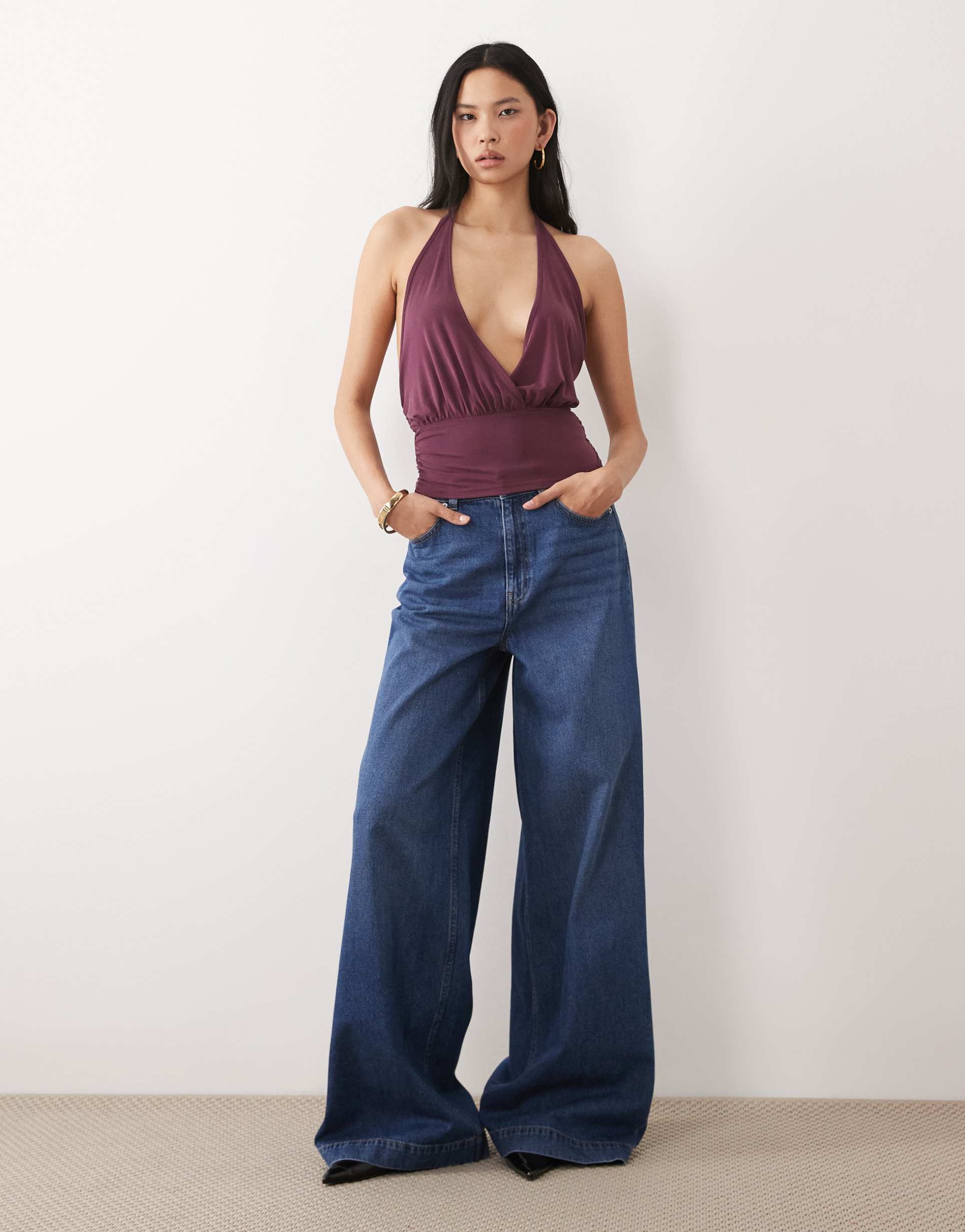 asos design tall wide leg palazzo jeans in dark mid blue