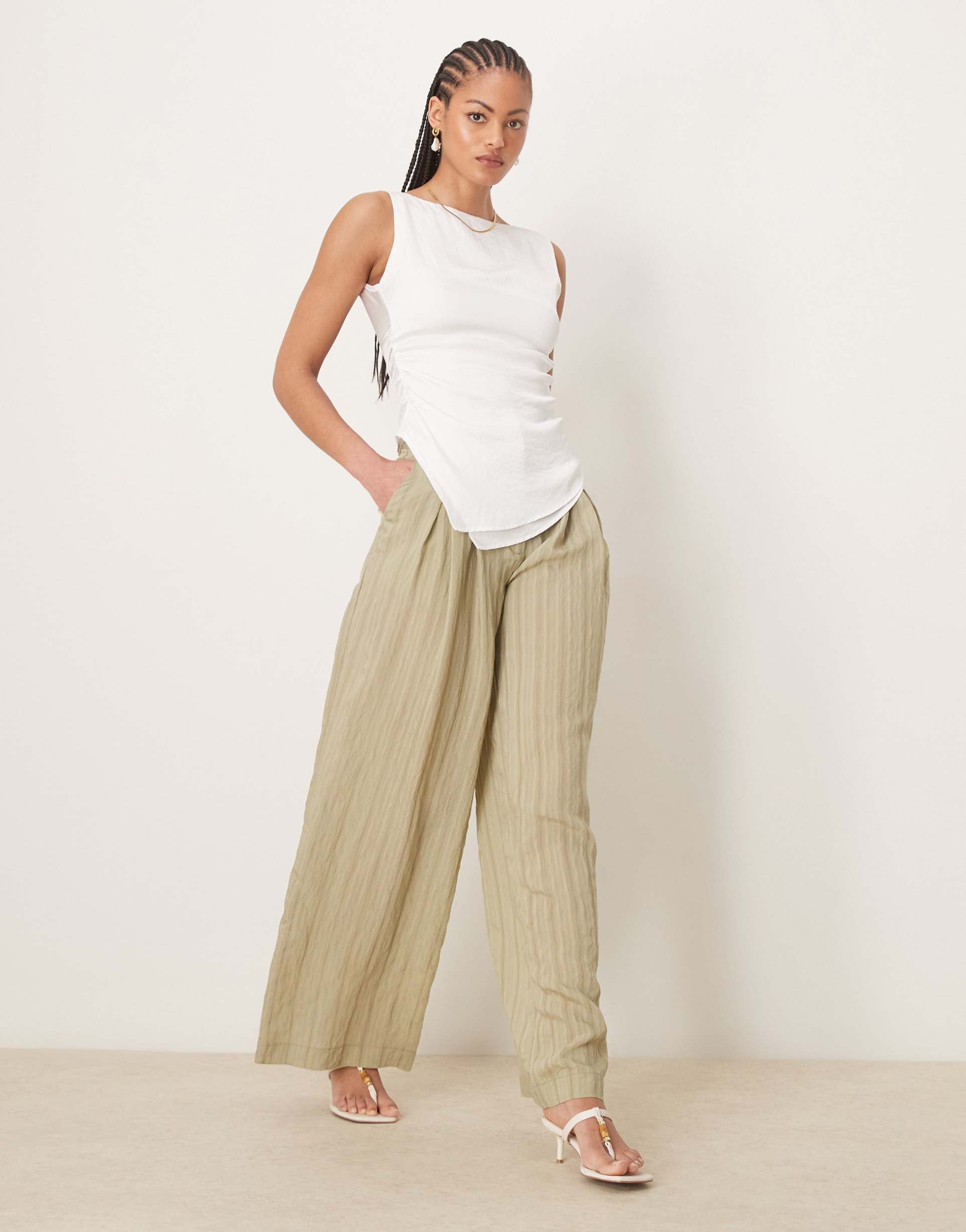 asos design tall wide leg pants in in green tonal stripe