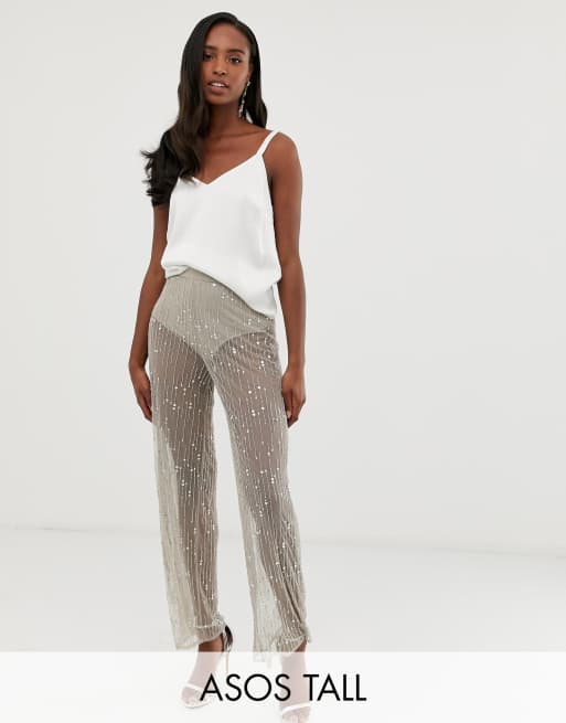 ASOS DESIGN wide leg pants in mesh with embellishment