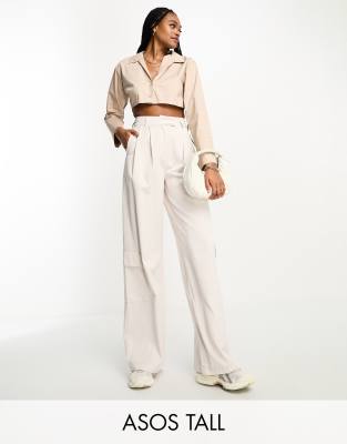 Topshop Tall high waist belted wide leg trouser with turn back hem in ecru, ASOS