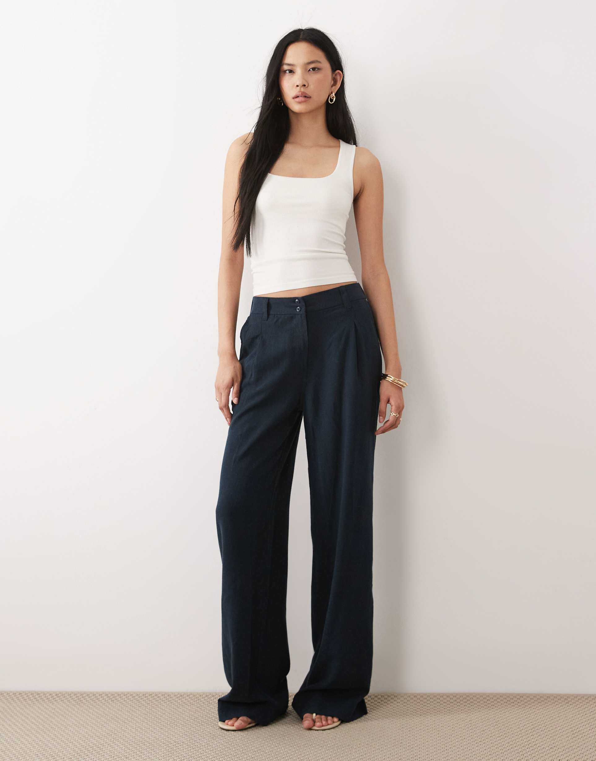asos design tall wide leg pants with pleat detail in linen blend in navy