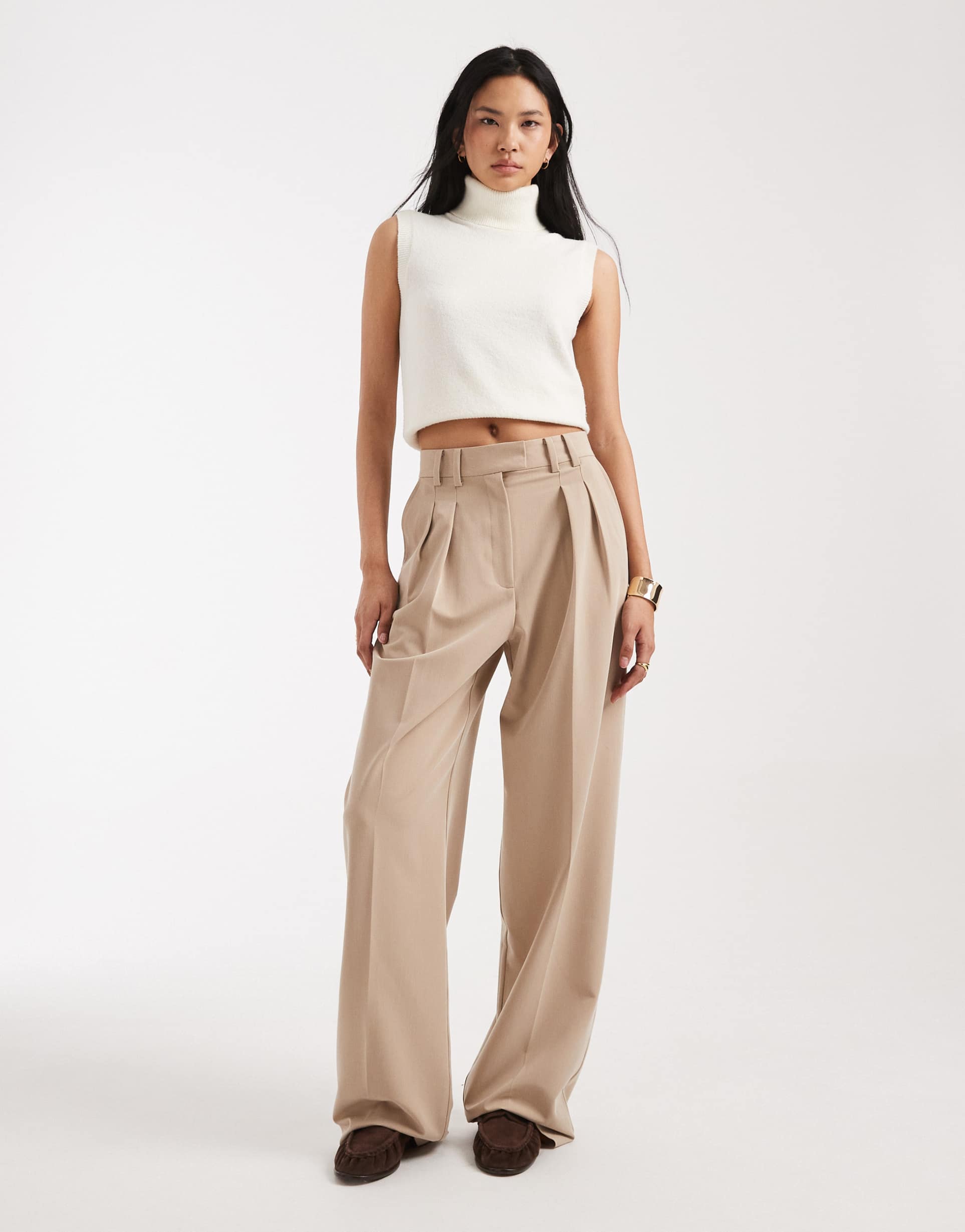asos design tall wide leg pants with pleated detailing in stone