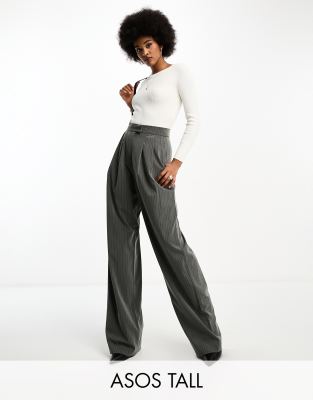 Asos Design Wide Leg Pleated Striped Pants In Gray In Gray