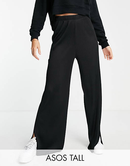  Tall wide leg plisse trouser with side split in black 