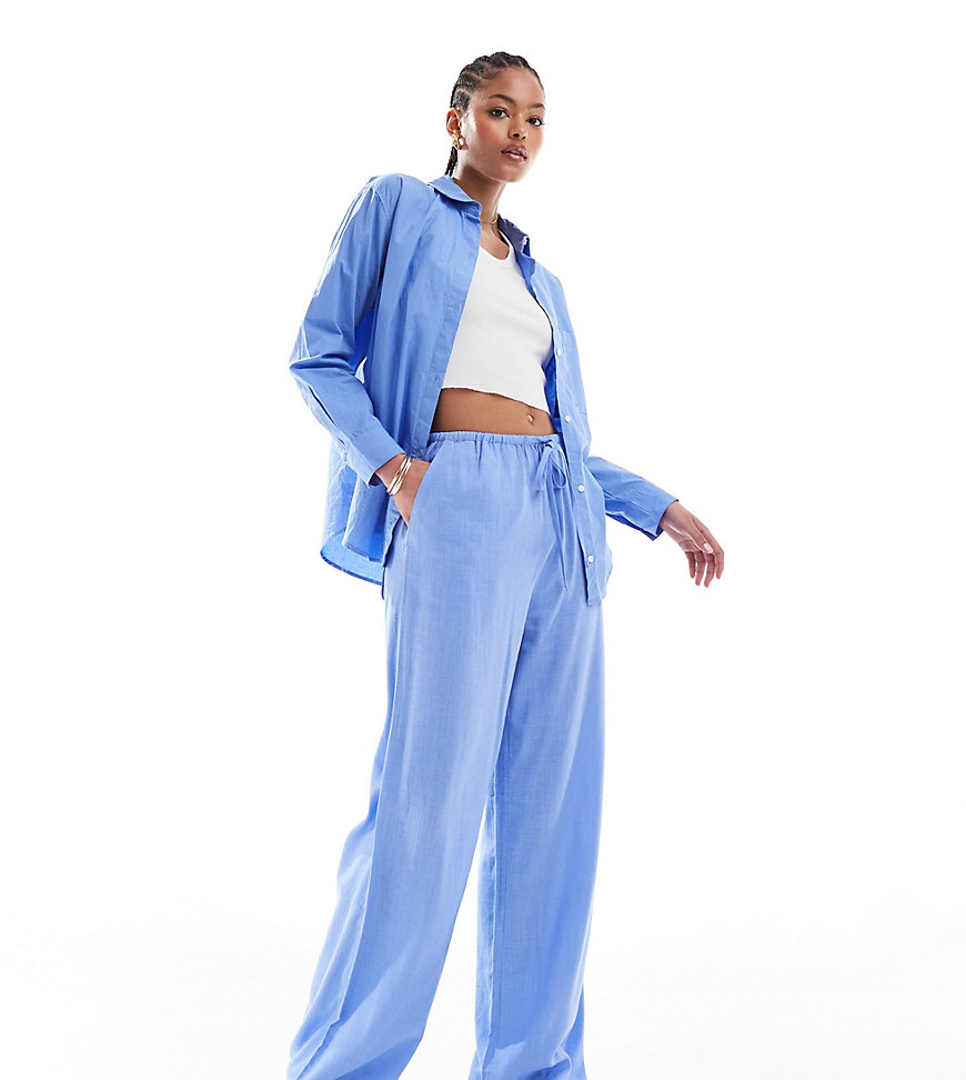 ASOS DESIGN Tall wide leg pull on pants with linen in blue