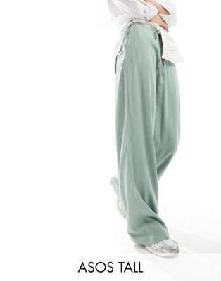 ASOS DESIGN TALL WIDE LEG PULL ON PANTS WITH LINEN IN GREEN