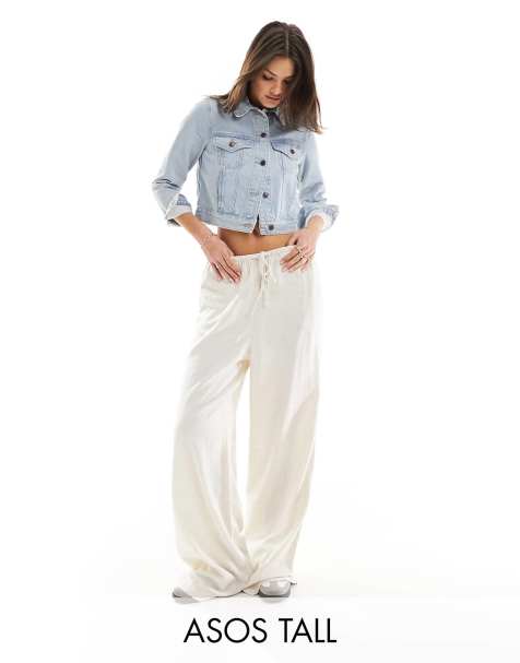 ASOS DESIGN Tall wide leg pull on trouser with linen in natural - view 1