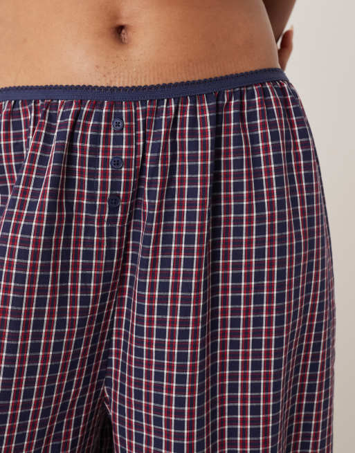 ASOS DESIGN Tall wide leg pyjama pants with elastic waistband in red & blue check print, 4 of 5