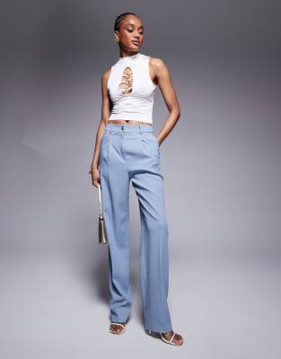 Asos Design Tall Wide Leg Tailored Pants With Gold Buttons In Blue