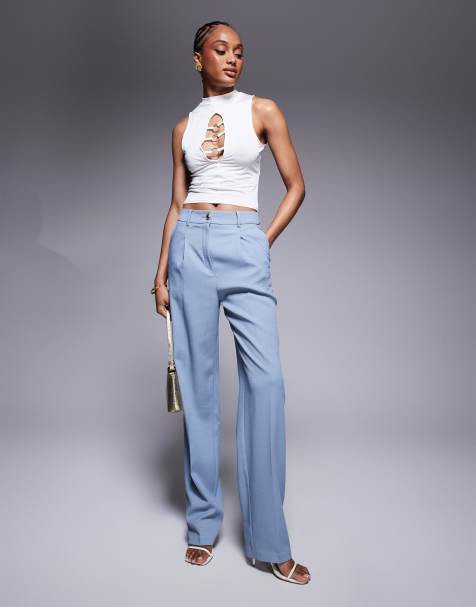 ASOS DESIGN Tall wide leg tailored trousers with gold buttons in blue - view 1