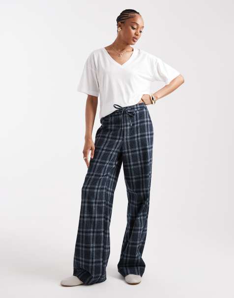 ASOS DESIGN Tall wide leg tie waist pants in brushed navy check - view 1
